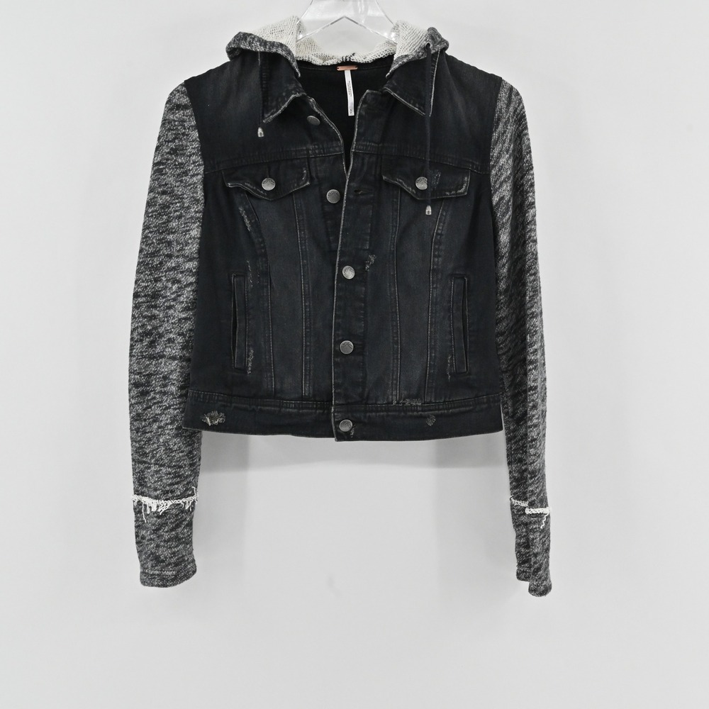 Free People Mixed Media Denim Jacket Womens Size S Black Cotton Detachable Hood